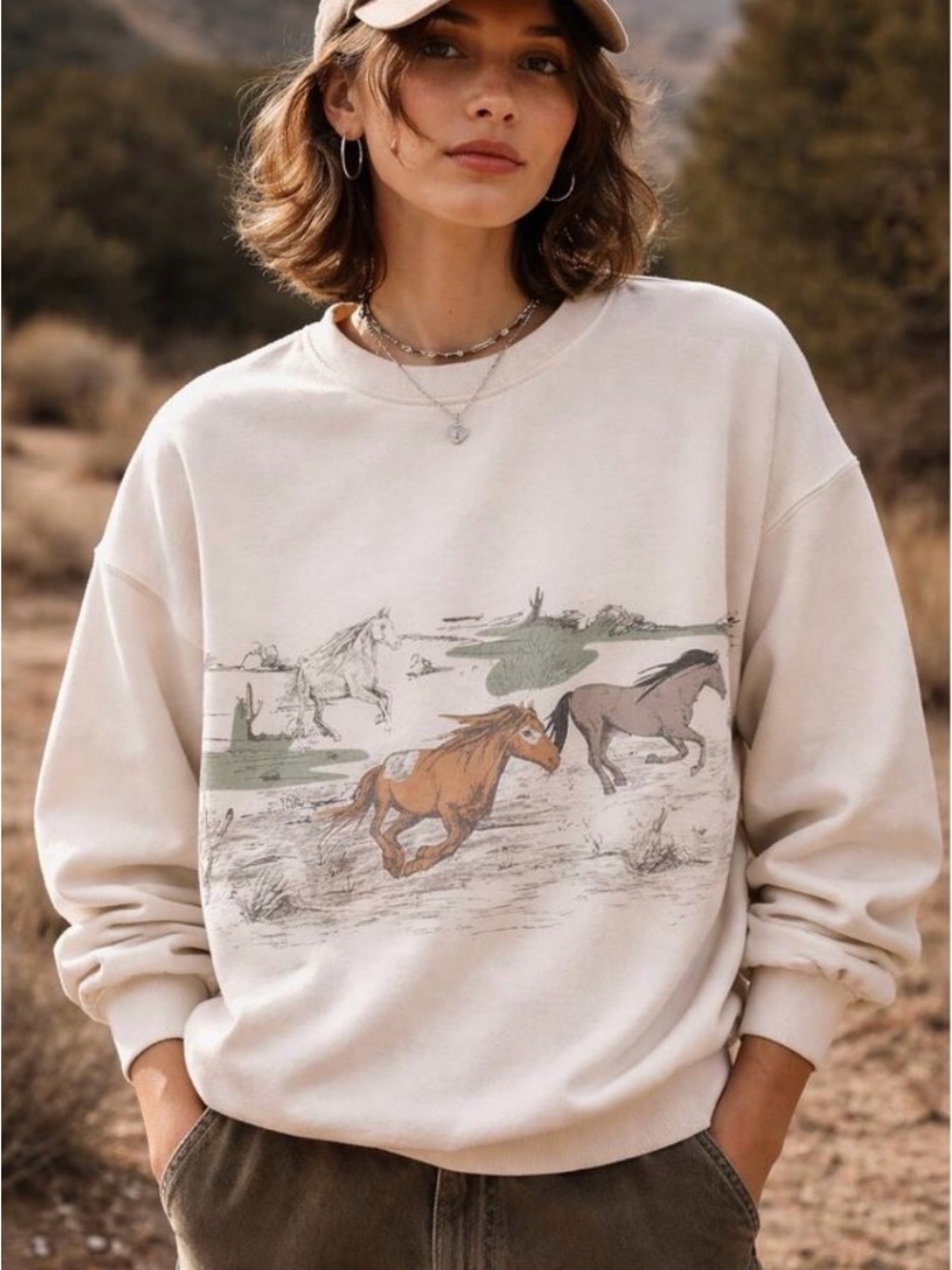 Western Cowboy Country Horse Graphic Long Sleeve Cotton Sweatshirt XXL